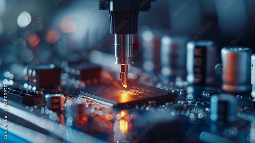 Macro shot of an electronic chip being placed onto a motherboard, emphasis on precision and technological advancement, cool metallic tones Macro shot of an electronic chip being placed onto a motherboard, emphasis on precision and technological advancement, cool metallic tones