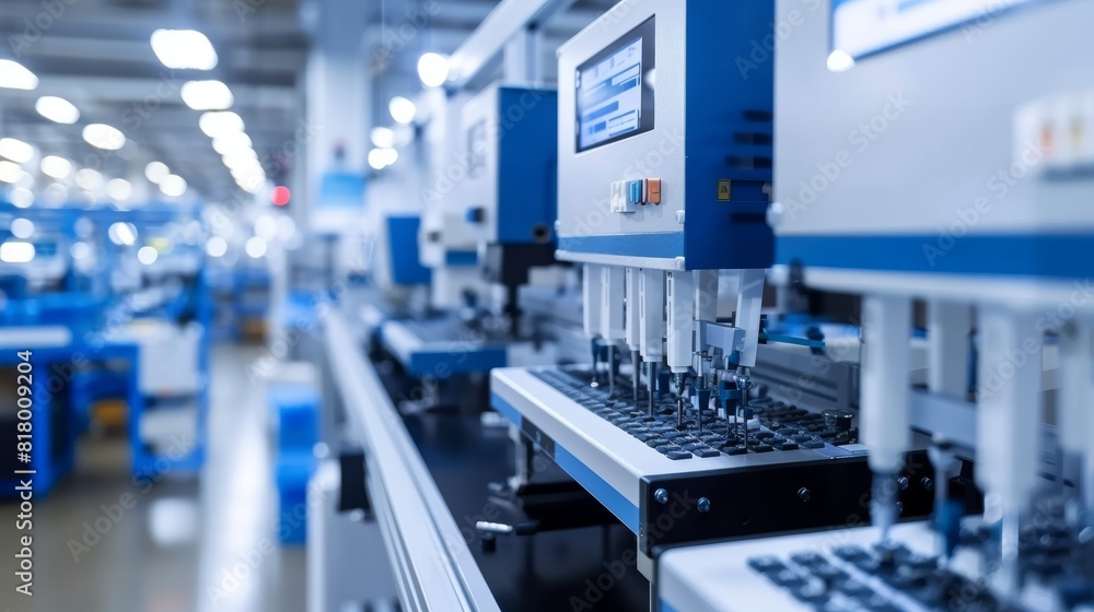 Modern industrial factory with a focus on the automated production of calculators, capturing the essence of advanced manufacturing Modern industrial factory with a focus on the automated production of calculators, capturing the essence of advanced manufacturing