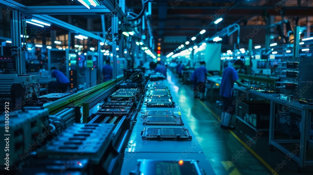 Naklejka premium Night shift at an electronics assembly line, soft blue and green lighting illuminates workers and machines creating an array of devices