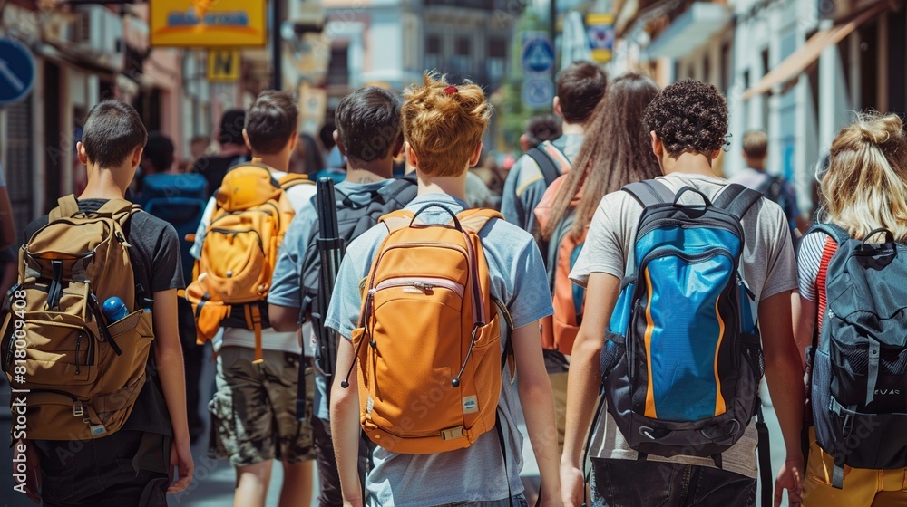 Back view of a group of seven people with backpacks are walking down a city street.

