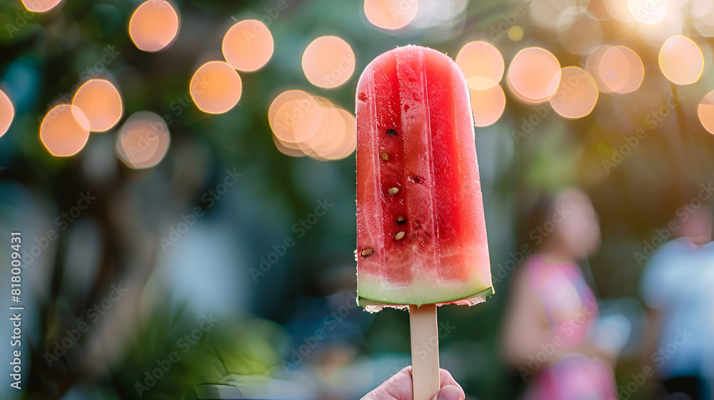 Hand hold watermelon popsicle. With blurred background. Hand hold watermelon popsicle. With blurred background.