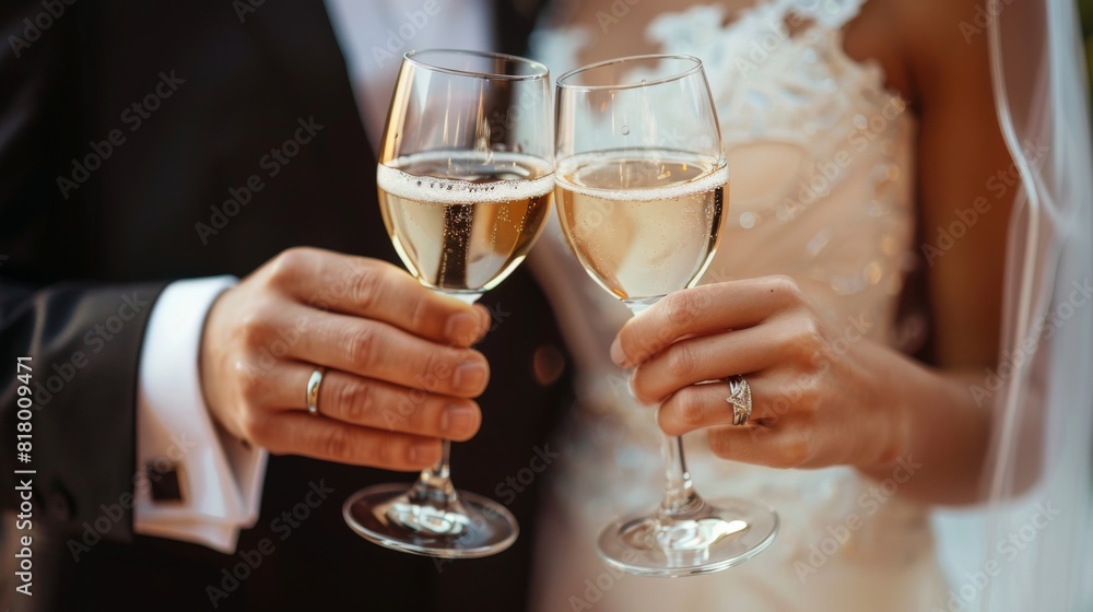 A bride and groom are standing together, holding champagne glasses in their hands A bride and groom are standing together, holding champagne glasses in their hands