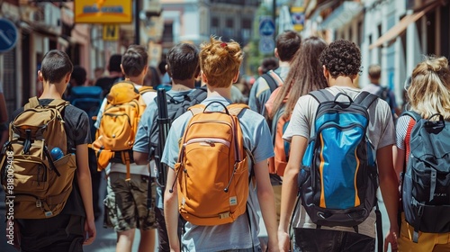 Back view of a group of seven people with backpacks are walking down a city street.   © Awais