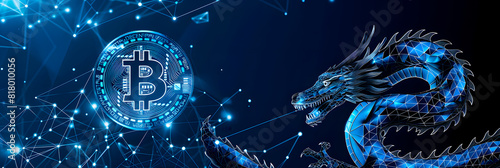 Digital wireframe polygon illustration of dragon and bitcoin on the dark background created for cryptocurrency business
