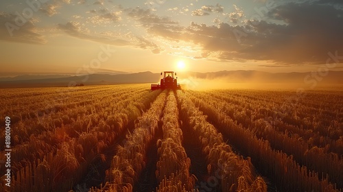 A farmer plowing a field at sunrise  with rich  fertile soil.