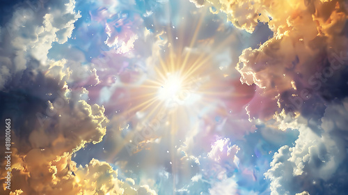 A religious celestial sky with an aura of soul, invoking feelings of hope and inspiration. Suitable for religious events and meditation practices. photo