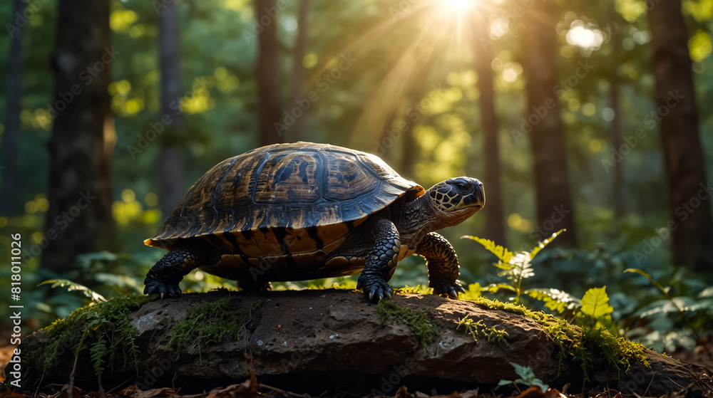 Fototapeta premium A Cute Forest Turtle Standing on a Rock in a Wild Forest. 