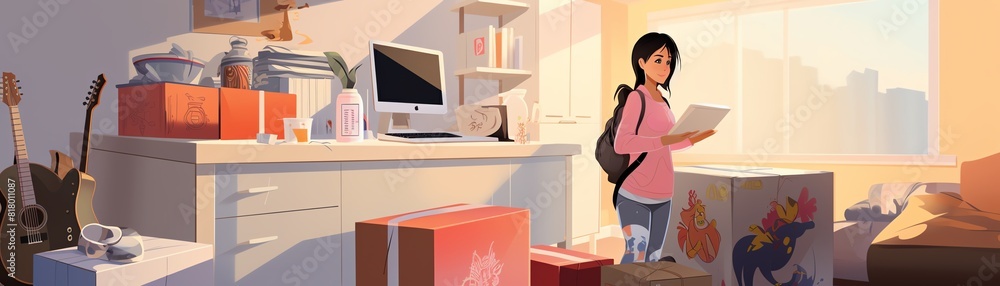 Packing for college scene, teenager organizing dorm essentials into boxes, vibrant and relatable digital style Packing for college scene, teenager organizing dorm essentials into boxes, vibrant and relatable digital style