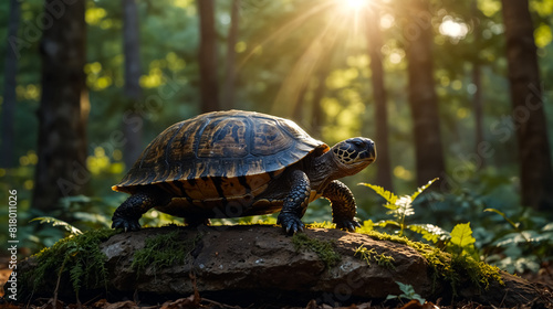 A Cute Forest Turtle Standing on a Rock in a Wild Forest. 