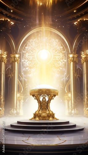 Ornate golden podium in a palace ballroom, surrounded by opulent decor, showcasing royal jewelry, luxurious digital art