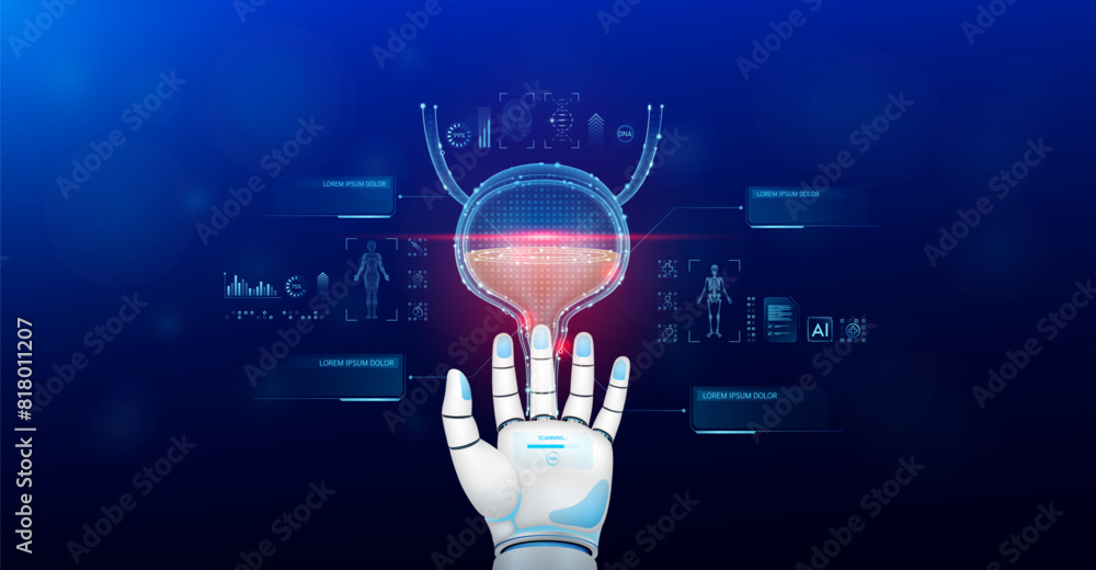 Bladder scanning robot doctor diagnose disease on hand. Screen digital ...