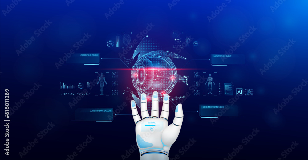 Fototapeta premium Eyeball scanning robot doctor diagnose disease on hand. Screen digital interface of system MRI scan of human body organ DNA analysis. Future health care innovation. Science medical technology. Vector.