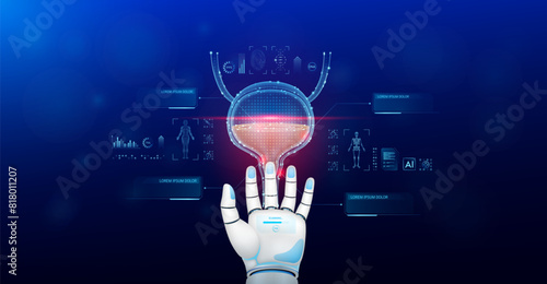 Bladder scanning robot doctor diagnose disease on hand. Screen digital interface of system MRI scan of human body organ DNA analysis. Future health care innovation. Science medical technology. Vector.