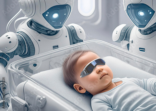 Robots machine taking care of cyborg newborn in an incubator