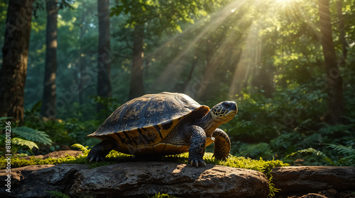 A Cute Forest Turtle Standing on a Rock in a Wild Forest.

