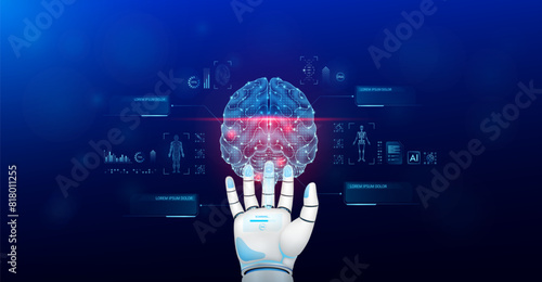 Brain scanning robot doctor diagnose disease on hand. Screen digital interface of system MRI scan of human body organ DNA analysis. Future health care innovation. Science medical technology. Vector.