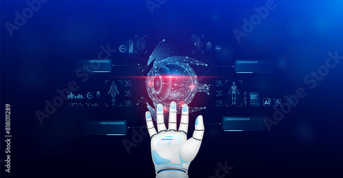 Eyeball scanning robot doctor diagnose disease on hand. Screen digital interface of system MRI scan of human body organ DNA analysis. Future health care innovation. Science medical technology. Vector.