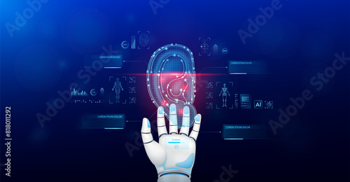 Ear scanning robot doctor diagnose disease on hand. Screen digital interface of system MRI scan of human body organ DNA analysis. Future health care innovation. Science medical technology. Vector.