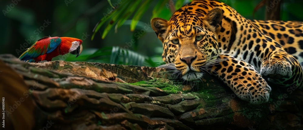exotic landscape with a leopard perched on a tree trunk in the jungle