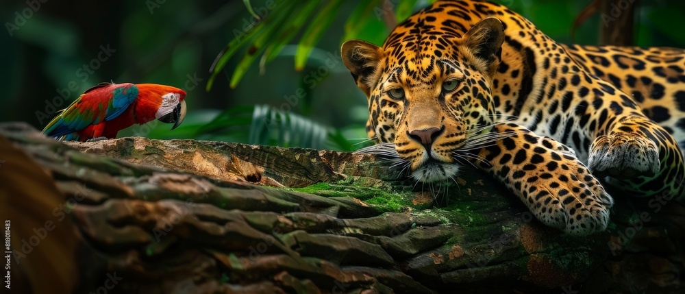 exotic landscape with a leopard perched on a tree trunk in the jungle exotic landscape with a leopard perched on a tree trunk in the jungle