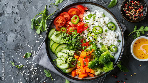 Bowl with tasty boiled rice and vegetables on grey texture