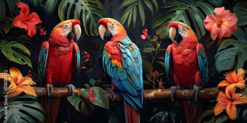 Colorful exotic macaws in a...