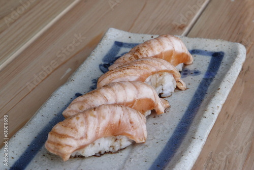 grilled salmon on a wooden board Salmon steak: smoked salmon: salmon sushi