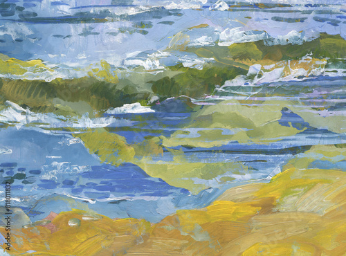 Original  painting of mountains and sea. Yellow filds near seaside  Modern Impressionism