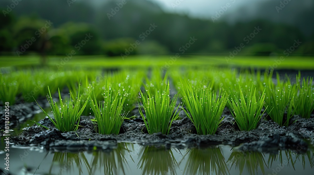 Obraz premium A rice paddy field with vibrant green shoots in standing water.