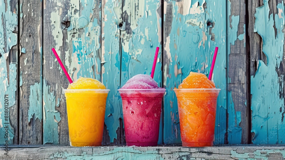Colorful slushies in plastic cups with matching straws on a rustic blue wooden background Colorful slushies in plastic cups with matching straws on a rustic blue wooden background