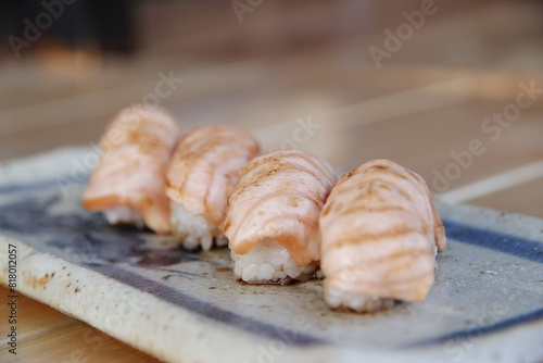 grilled fish on a plate Salmon steak: smoked salmon: salmon sushi
