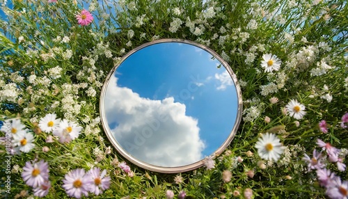 a round mirror lies in the grass and flowers and reflects the blue sky with clouds, top view #818012063