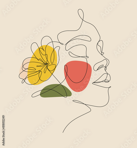 Line art woman face with flower, minimalist abstract art girl portrait. Delicate and romantic beauty store icon concept
