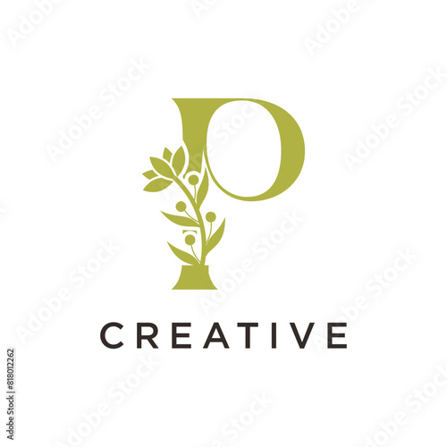 letters P with flowers leaves. Vector illustration for wedding, greeting cards, invitations, beauty icon template design