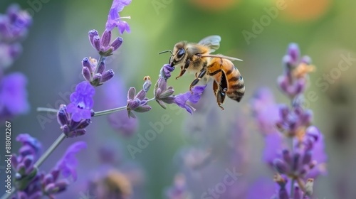 A bee pollinating a lavender flower. photo