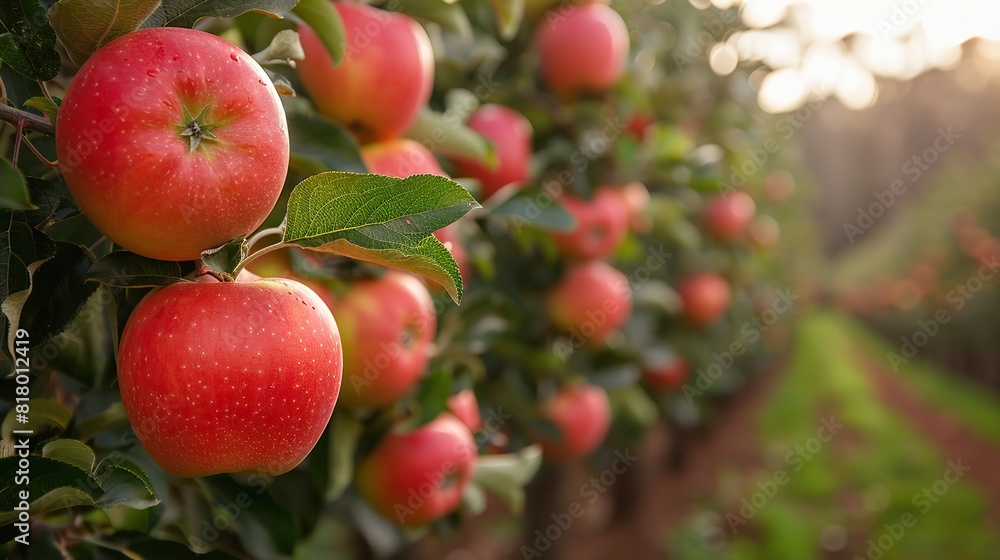 A lush orchard with apple trees heavy with fruit. A lush orchard with apple trees heavy with fruit.