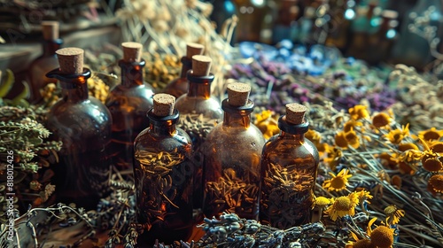 There are several small brown glass bottles with cork stoppers laying on a bed of dried yellow and green plants.  