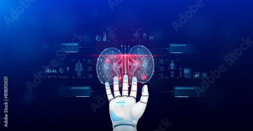 Kidney scanning robot doctor diagnose disease on hand. Screen digital interface of system MRI scan of human body organ DNA analysis. Future health care innovation. Science medical technology. Vector.