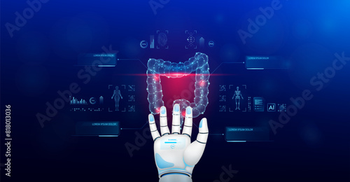 Intestine scanning robot doctor diagnose disease on hand. Screen digital interface of system MRI scan of human body organ DNA analysis. Future health care innovation. Medical technology. Vector.