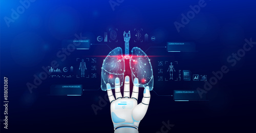 Lung scanning robot doctor diagnose disease on hand. Screen digital interface of system MRI scan of human body organ DNA analysis. Future health care innovation. Science medical technology. Vector.