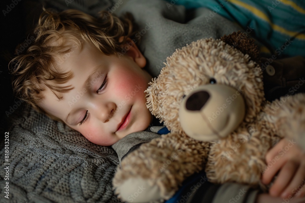 A young boy peacefully sleeping with his teddy bear next to him A young boy peacefully sleeping with his teddy bear next to him
