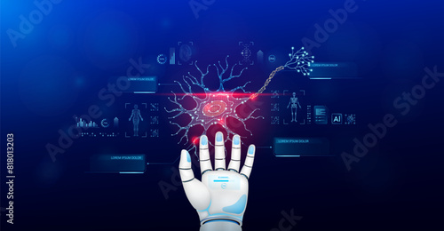 Nerve cell scanning robot doctor diagnose disease on hand. Screen digital interface of system MRI scan of human body organ DNA analysis. Future health care innovation. Medical technology. Vector.