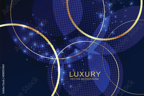 Abstract gold circles lines overlapping on dark blue background. Luxury style template design