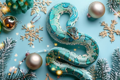 Turquoise snake with Christmas decorations on a blue background. Festive flat lay composition with copy space. Christmas and holiday season concept.  2025 year, Generative AI.  © Екатерина Каболова