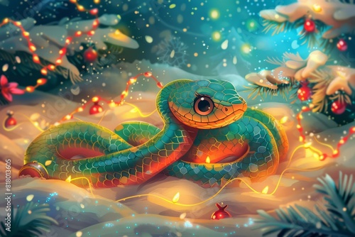 Colorful snake wrapped in Christmas lights with festive decorations. Vibrant digital illustration with artistic detailing. Christmas and holiday season concept.  2025 year  Generative AI. 