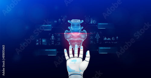 Sacrum bone scanning robot doctor diagnose disease on hand. Screen digital interface of system MRI scan human body organ DNA analysis. Future health care innovation. Medical technology. Vector.