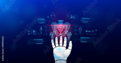 Pelvis bone scanning robot doctor diagnose disease on hand. Screen digital interface of system MRI scan human body organ DNA analysis. Future health care innovation. Medical technology. Vector.