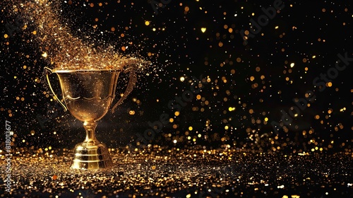 A gold trophy sparkles in the light against a black background.