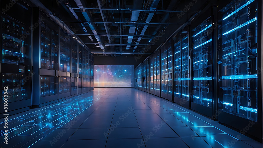High-Tech Data Server Room With Blue LED Lighting High-Tech Data Server Room With Blue LED Lighting