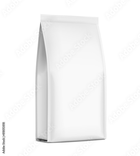 Vertical bag mockup. Flat bottom gusset bag. Half side view. High realistic. Vector illustration isolated on white background. Ready for use in presentation, promo, advertising and more. EPS10.